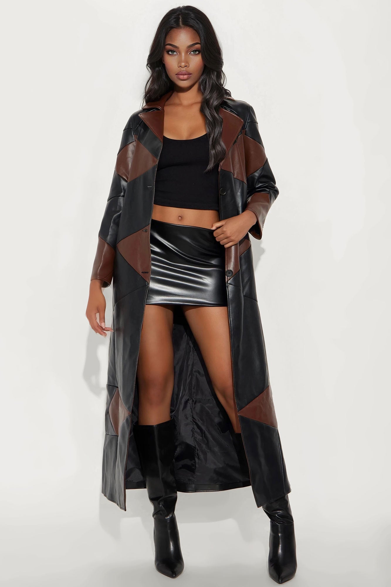 Living Proof Belted Faux Leather Coat - Brown/combo