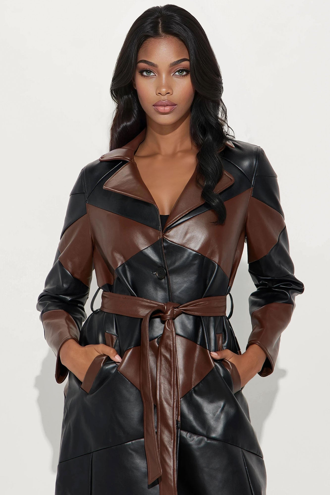 Living Proof Belted Faux Leather Coat - Brown/combo