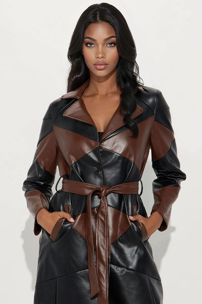 Living Proof Belted Faux Leather Coat - Brown/combo