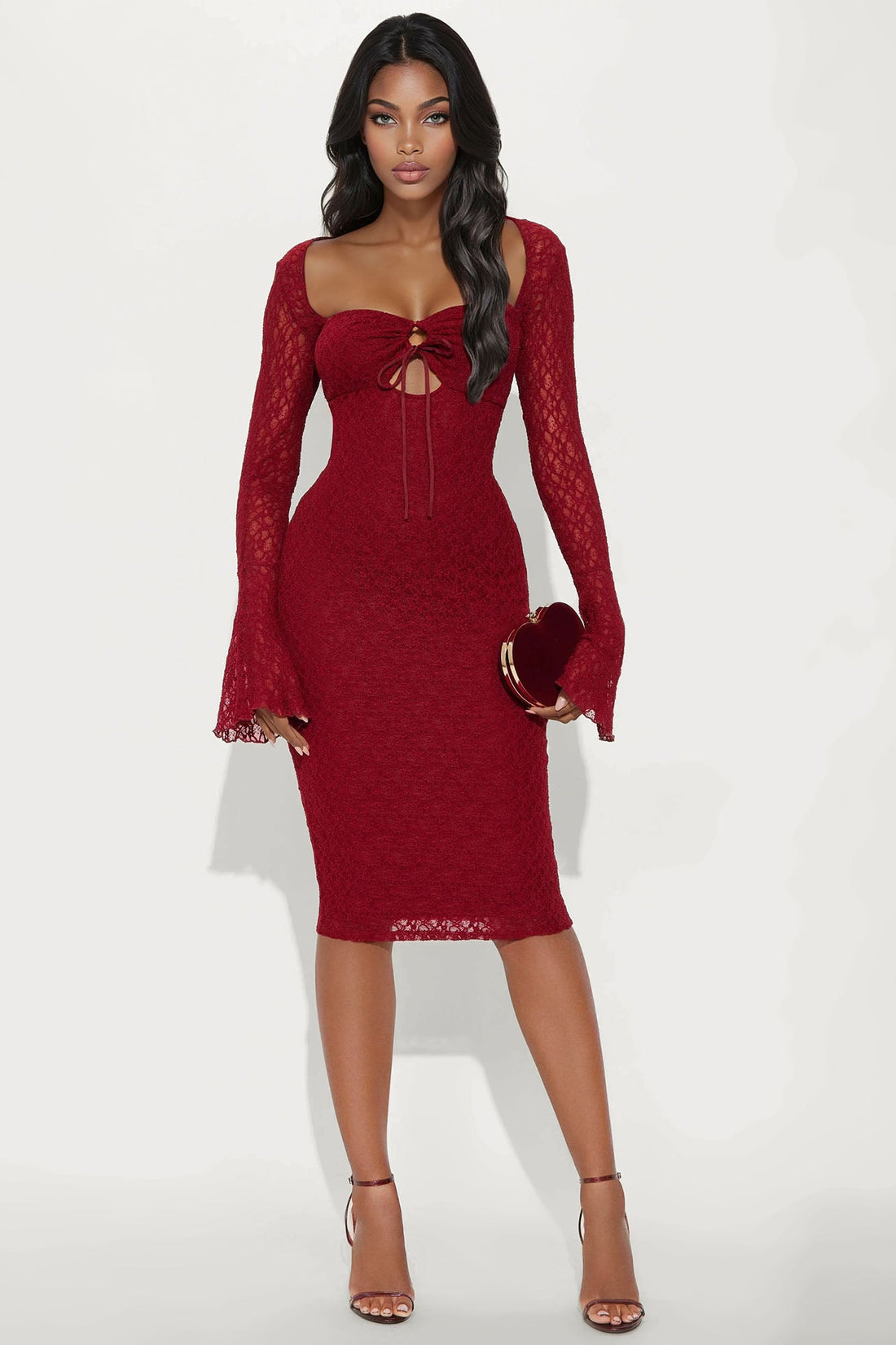 Saffron Lace Midi Dress - Burgundy