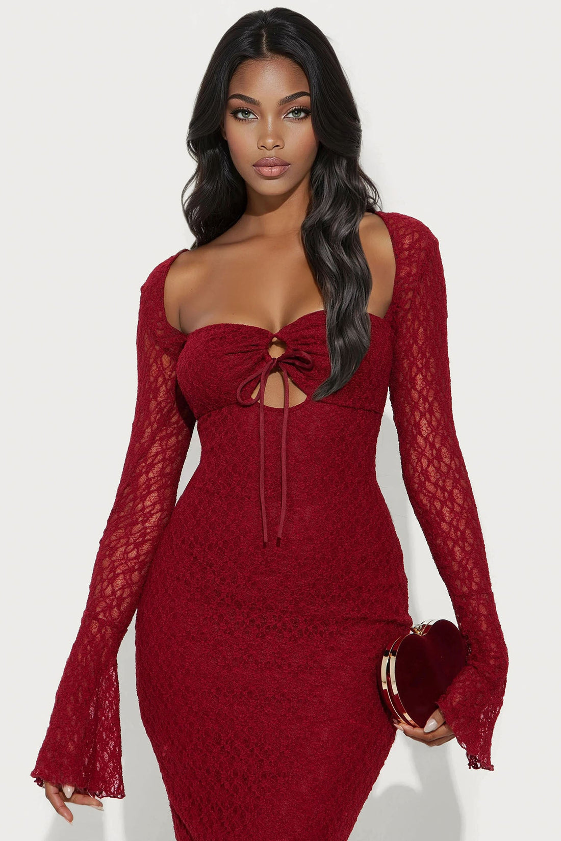 Saffron Lace Midi Dress - Burgundy