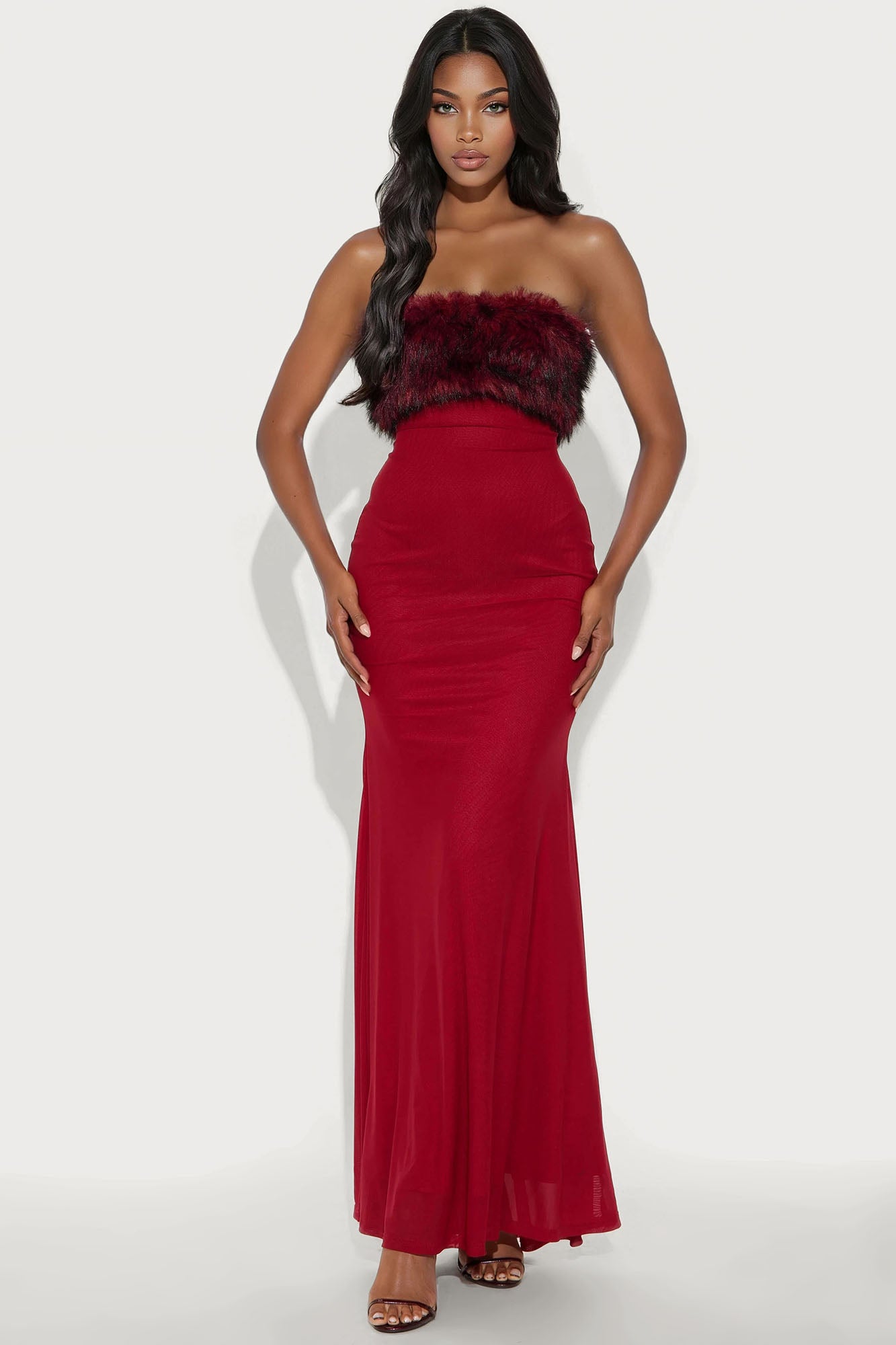Glam Theory 2 Piece Faux Fur Gown - Burgundy
