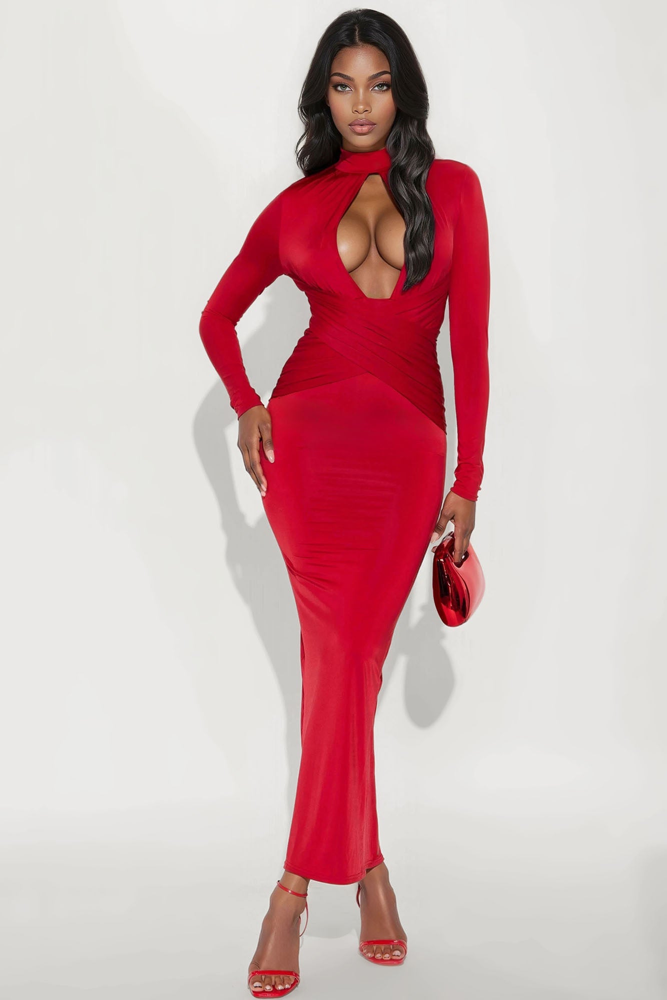 Shania Cut Out Long Sleeve Maxi Dress - Red