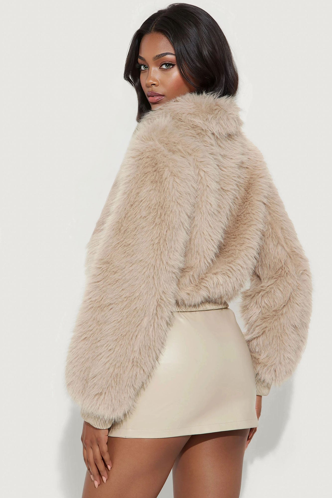 Styled Energy Faux Fur Mini Skirt Set - Taupe