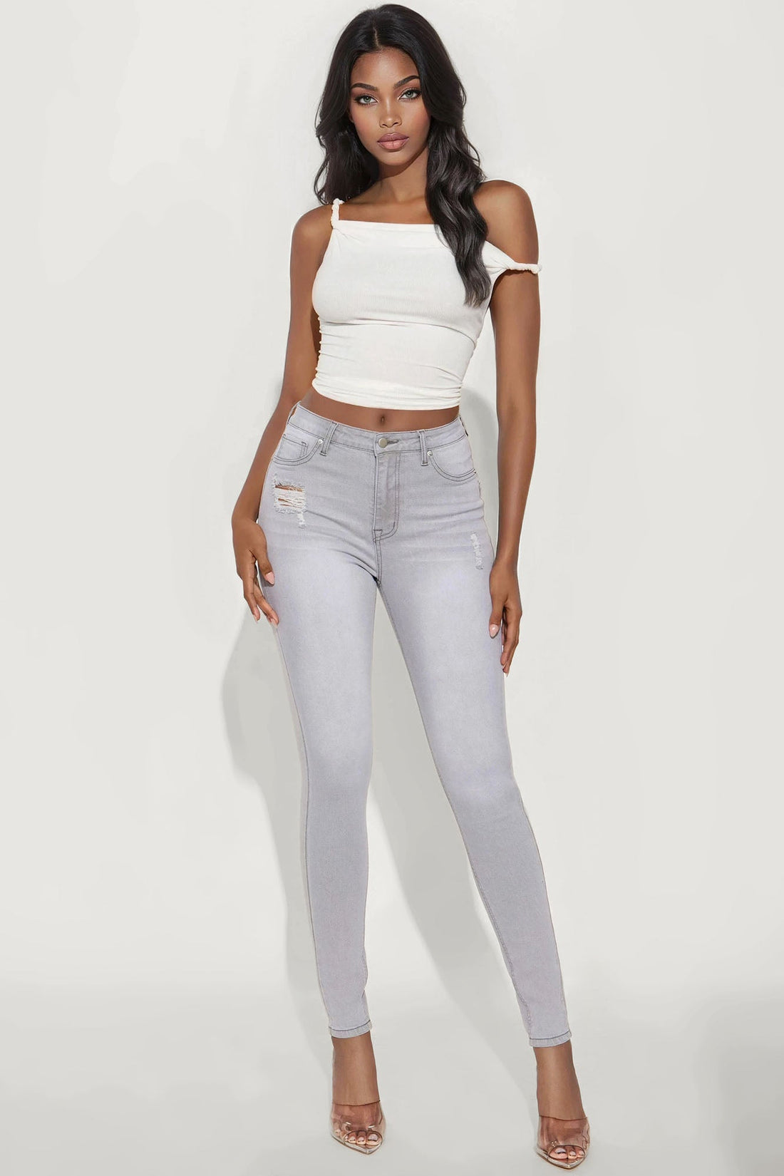 Tall Beacon Booty Lifting Ripped High Rise Stretch Skinny Jeans - Grey