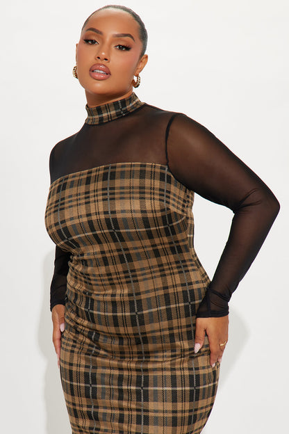 Alishia Plaid Midi Dress - Khaki/combo