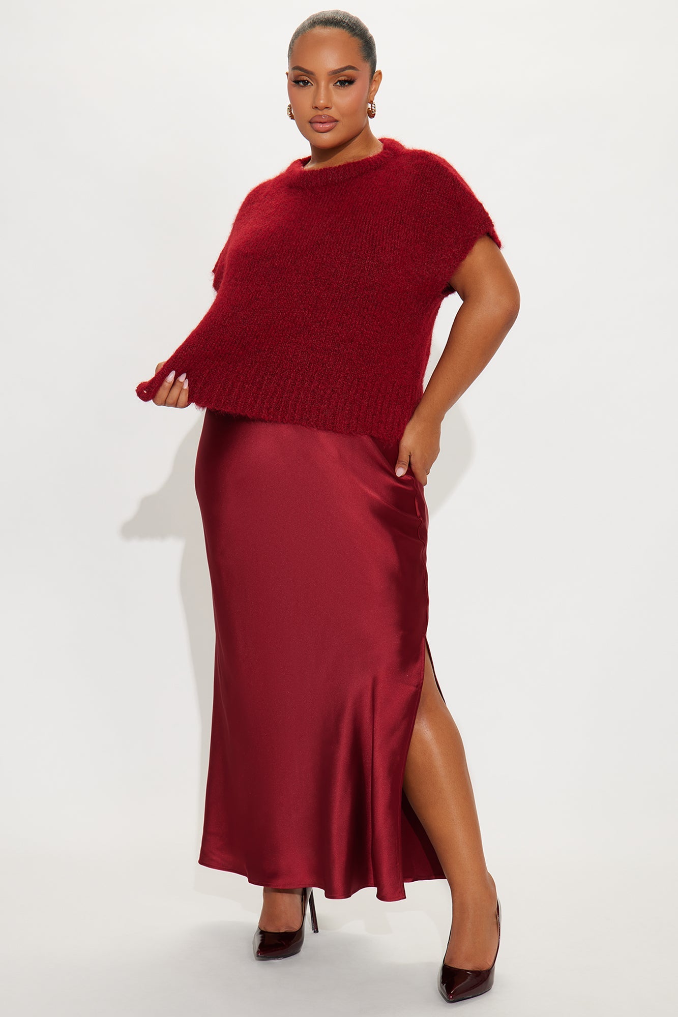 Found You Satin Sweater Maxi Dress Set - Burgundy