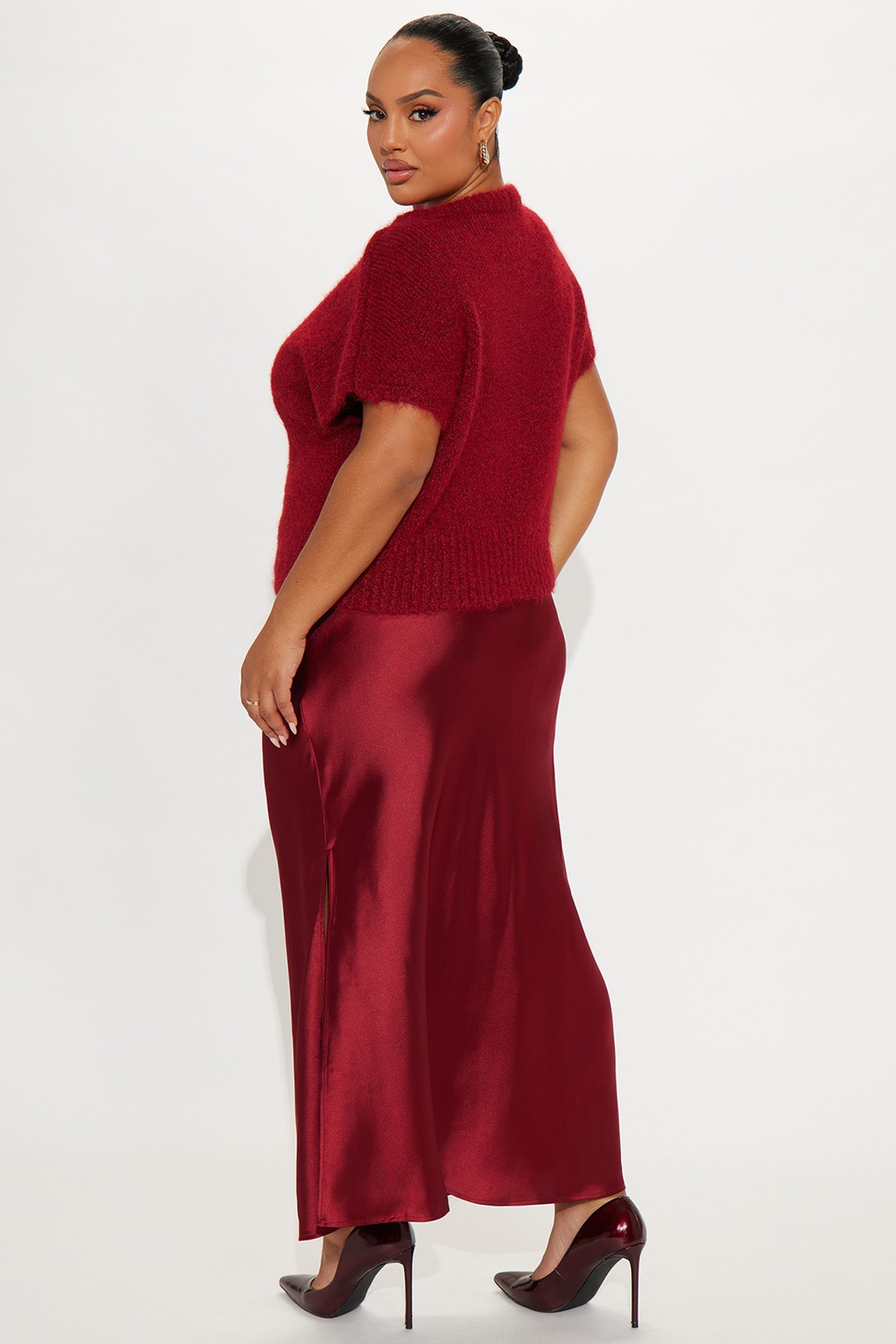 Found You Satin Sweater Maxi Dress Set - Burgundy