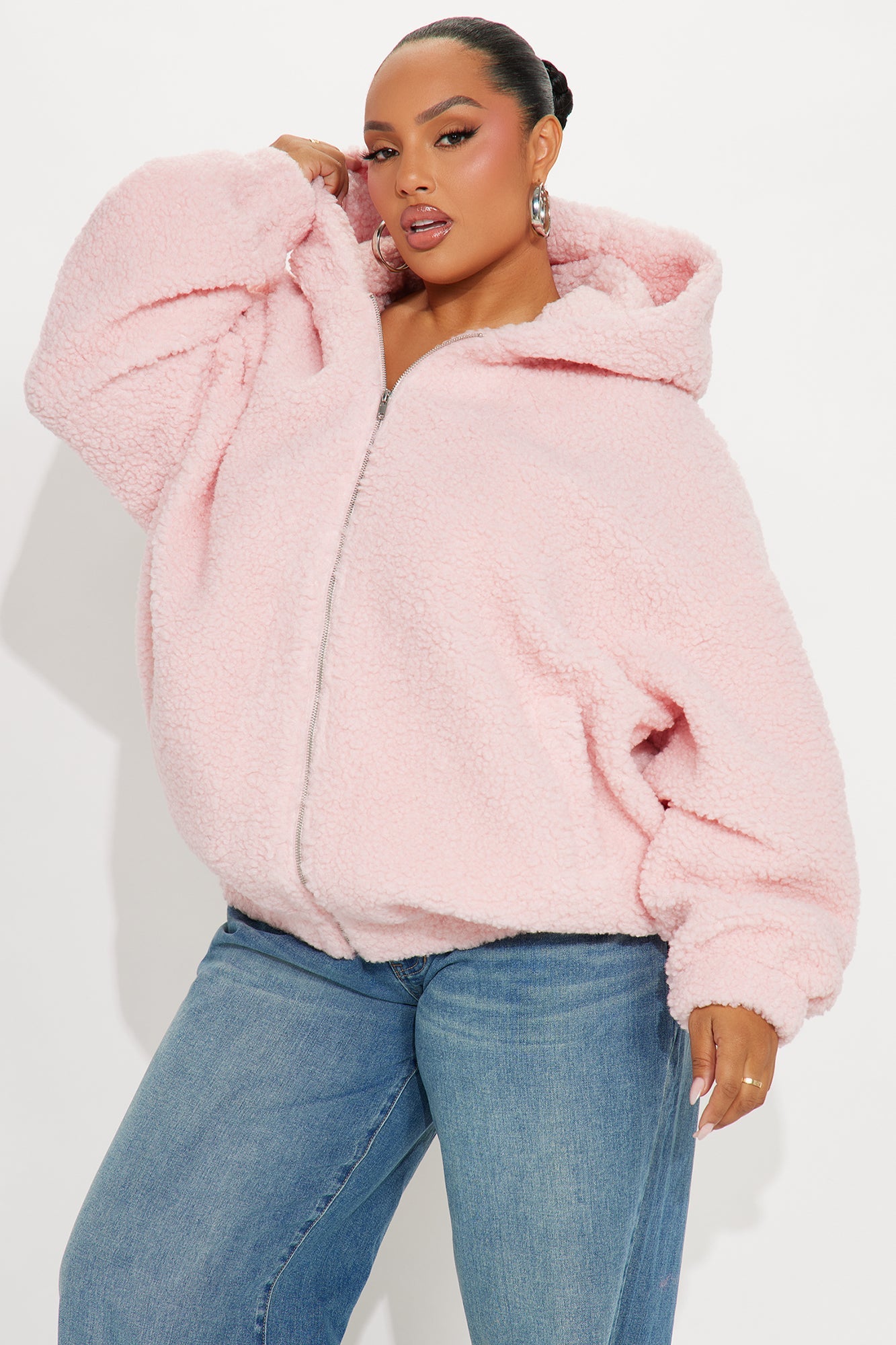 Snuggle Up Hooded Sherpa Coat - Light Pink