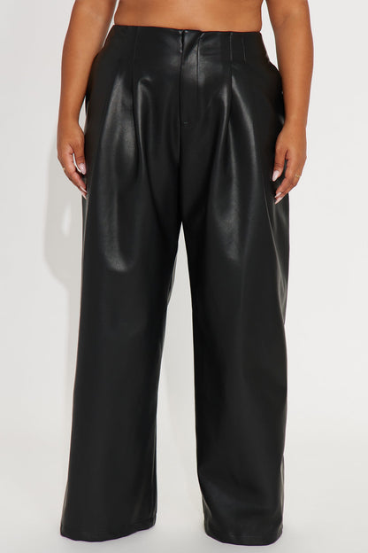 Mave Faux Leather Pleated Wide Leg Pant 32″ - Black