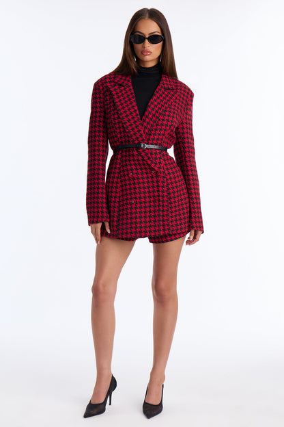 Winifred Belted Houndstooth Blazer - Red/combo