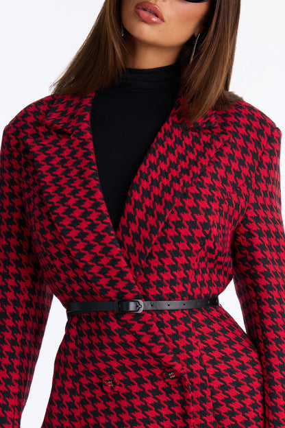 Winifred Belted Houndstooth Blazer - Red/combo