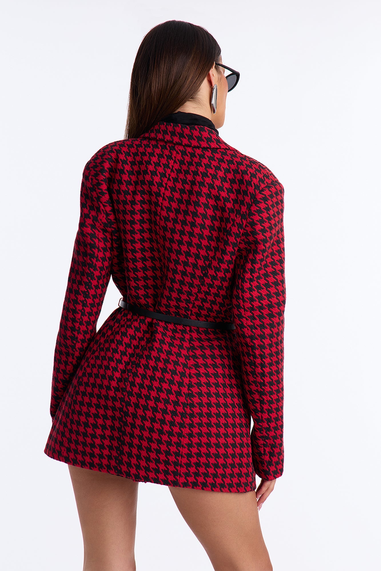 Winifred Belted Houndstooth Blazer - Red/combo