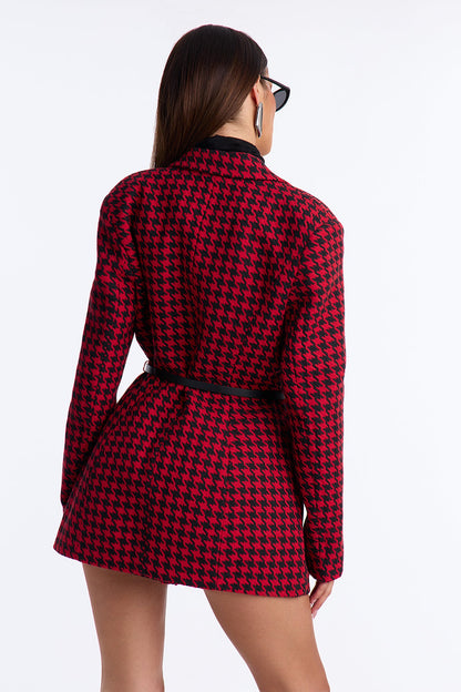 Winifred Belted Houndstooth Blazer - Red/combo
