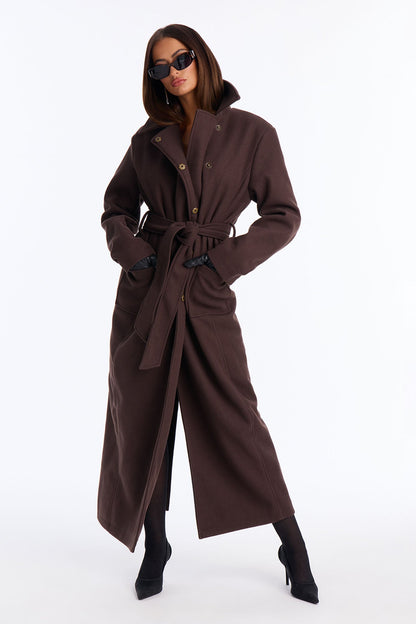 Executive Decision Belted Power Shoulder Coat - Brown