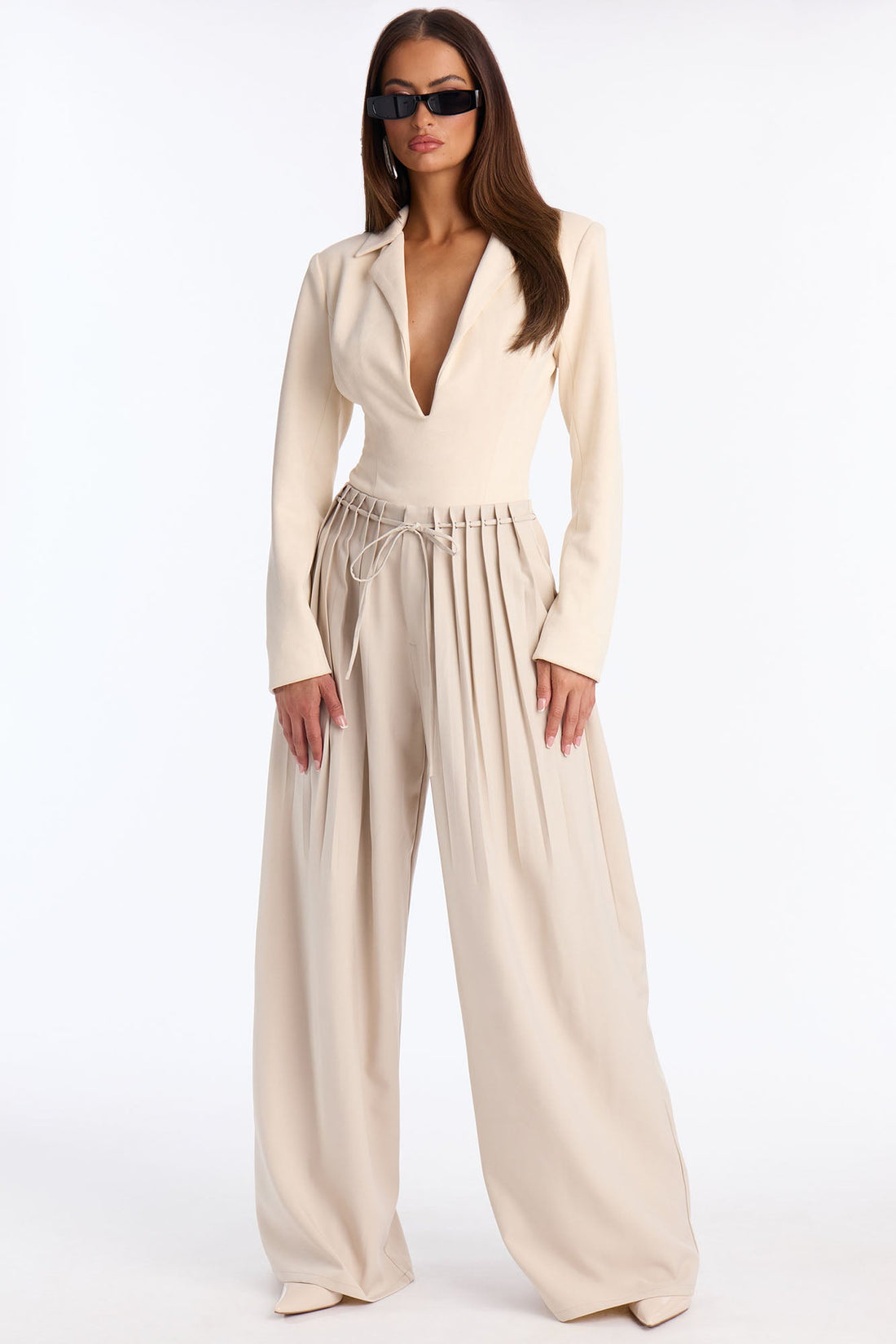 Berlin Pleated High Rise Wide Leg Trouser Pant 32″ - Stone