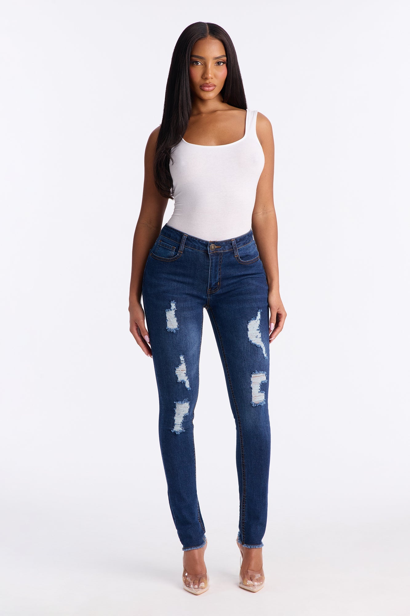 La Brea Fray Hem Ripped Skinny Jeans - Dark Wash