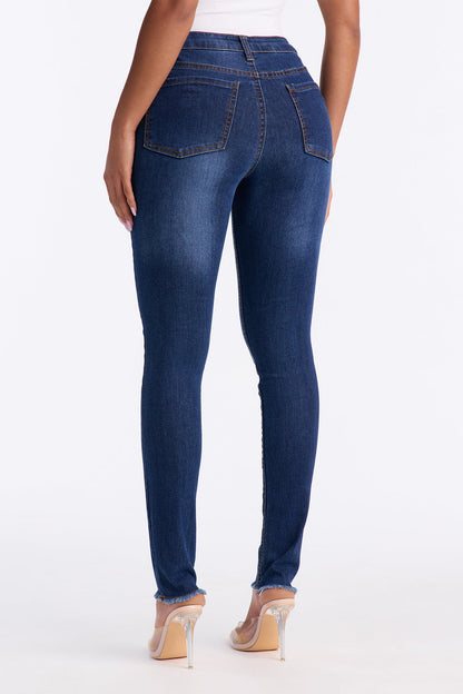 La Brea Fray Hem Ripped Skinny Jeans - Dark Wash