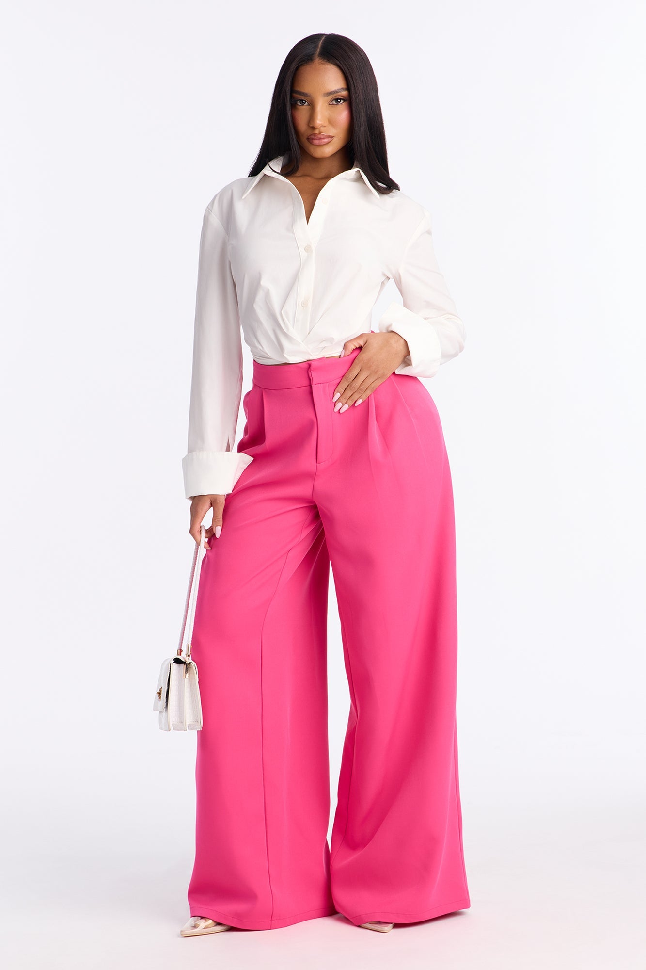 Delia Wide Leg Crepe Trousers 33″ - Fuchsia
