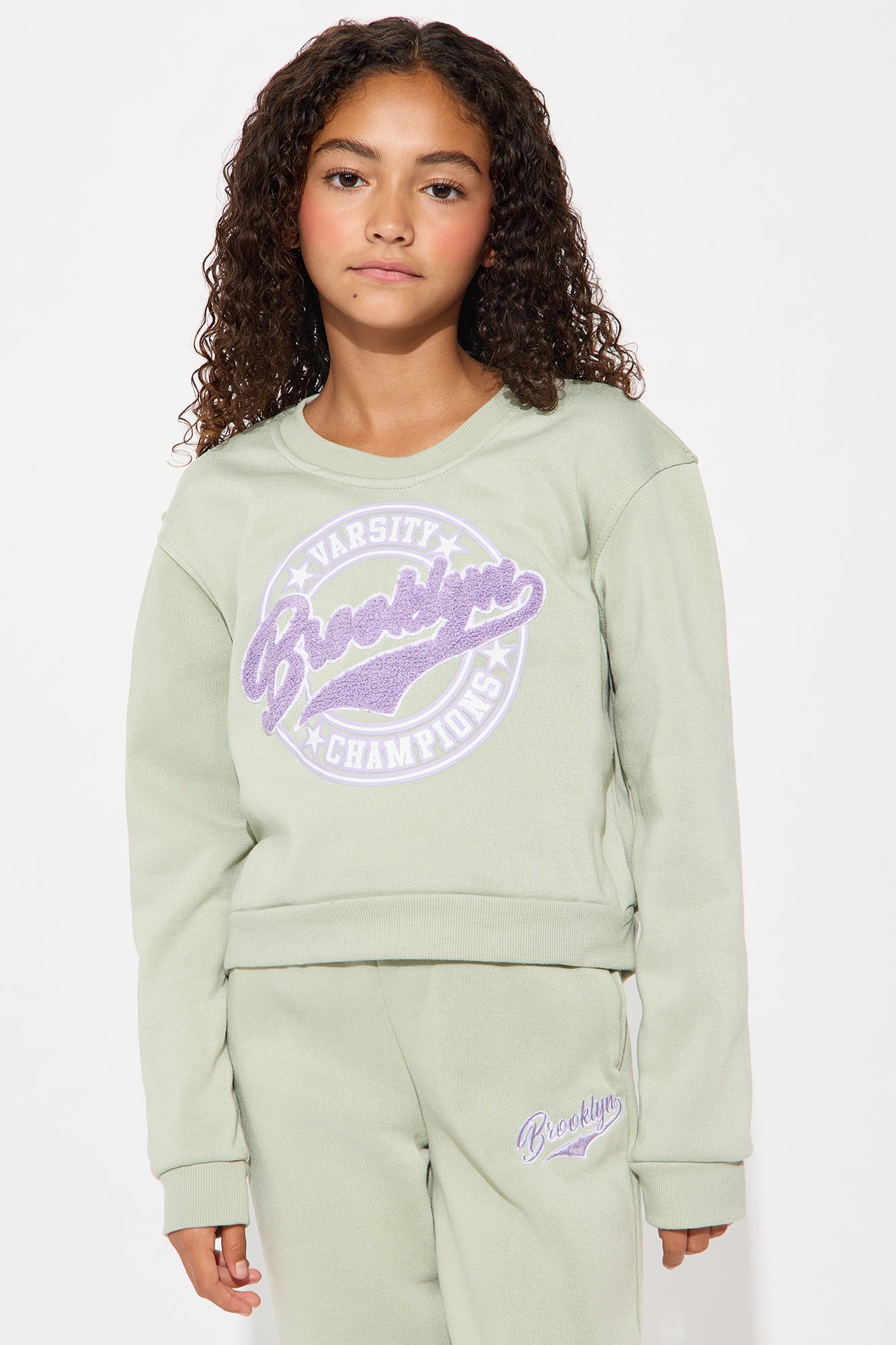 Mini Brooklyn Varsity Champions Sweatshirt And Jogger Pant Set - Sage