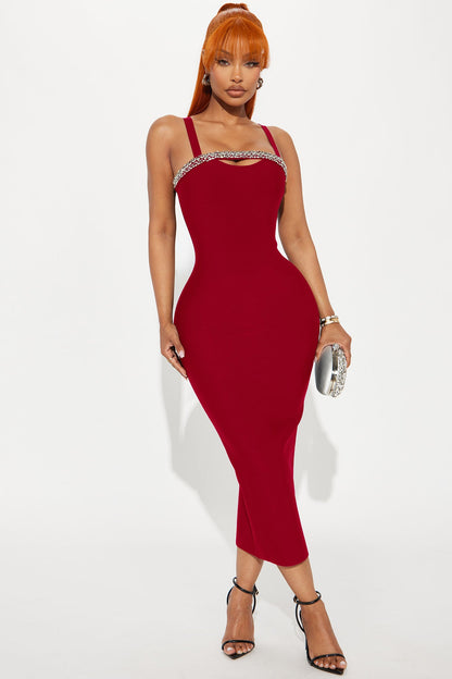 Jadore Rhinestone Bandage Midi Dress - Red