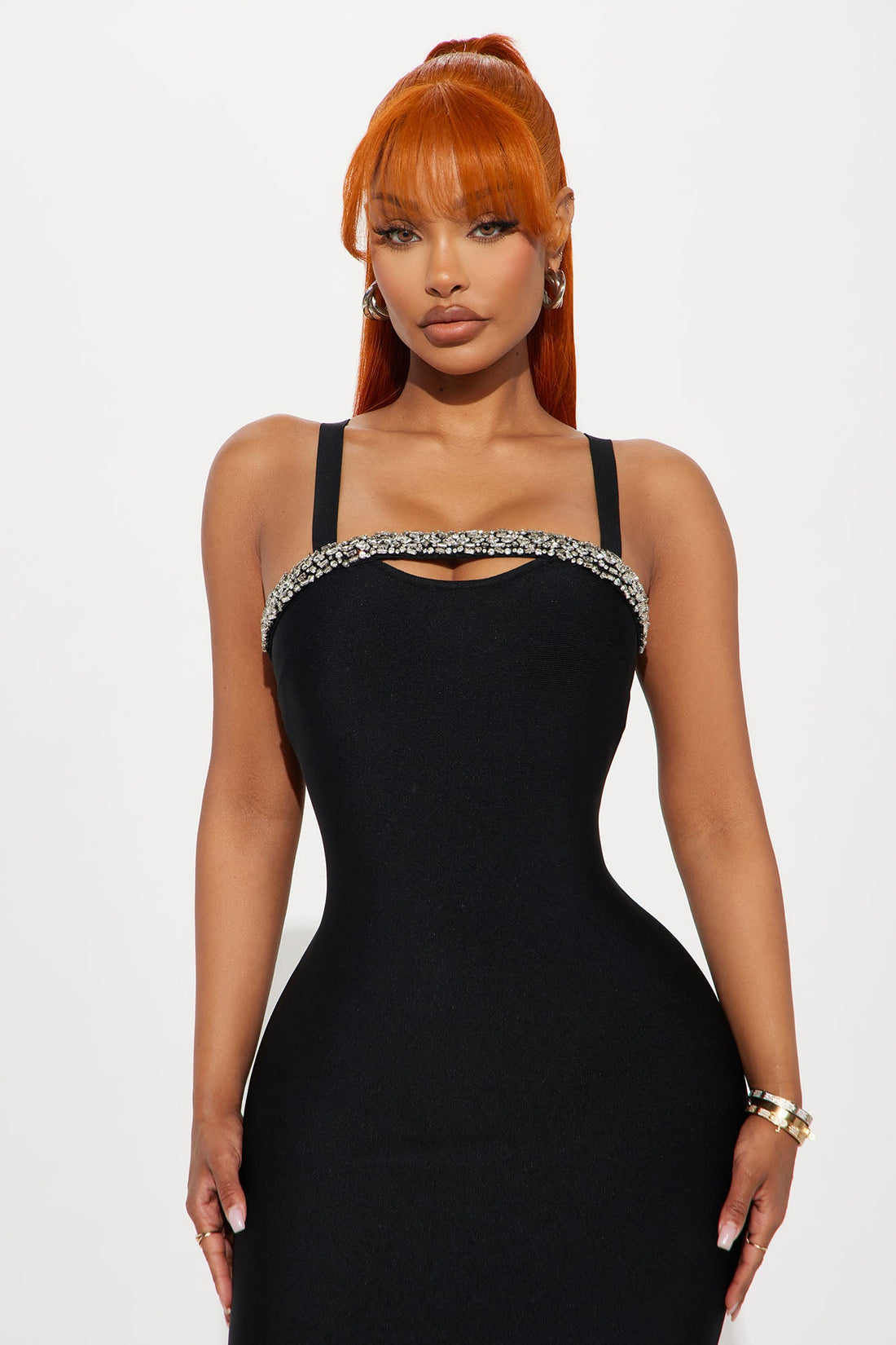Jadore Rhinestone Bandage Midi Dress - Black