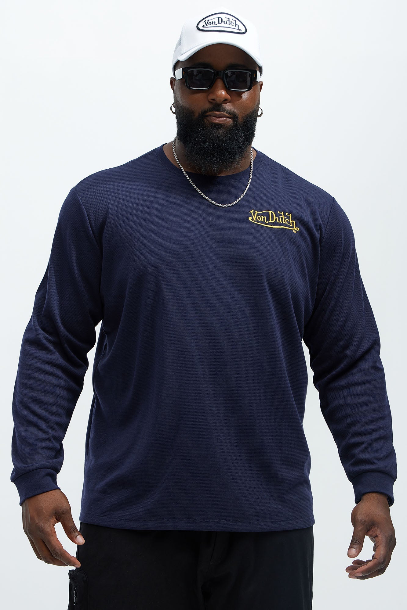 Von Dutch Yellow Font Long Sleeve Tee - Navy