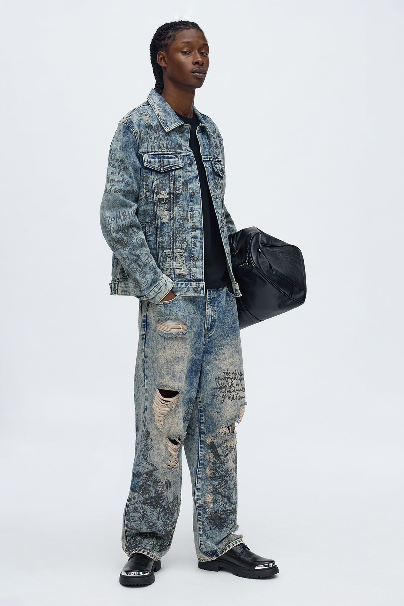Verbiage Distressed Denim Trucker Jacket - Vintage Blue Wash