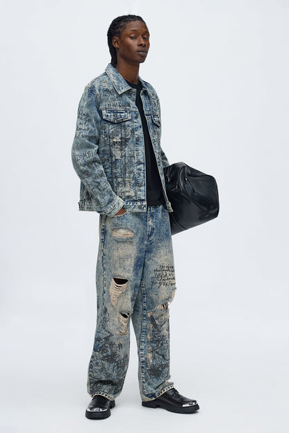 Verbiage Distressed Denim Trucker Jacket - Vintage Blue Wash