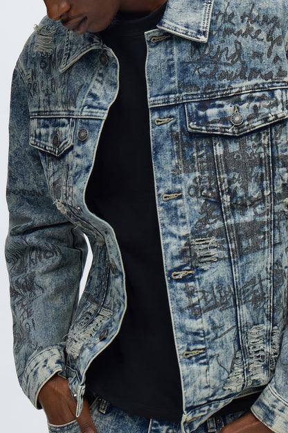 Verbiage Distressed Denim Trucker Jacket - Vintage Blue Wash
