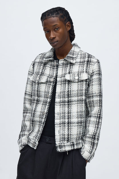 Tweed Plaid Trucker Jacket - Black