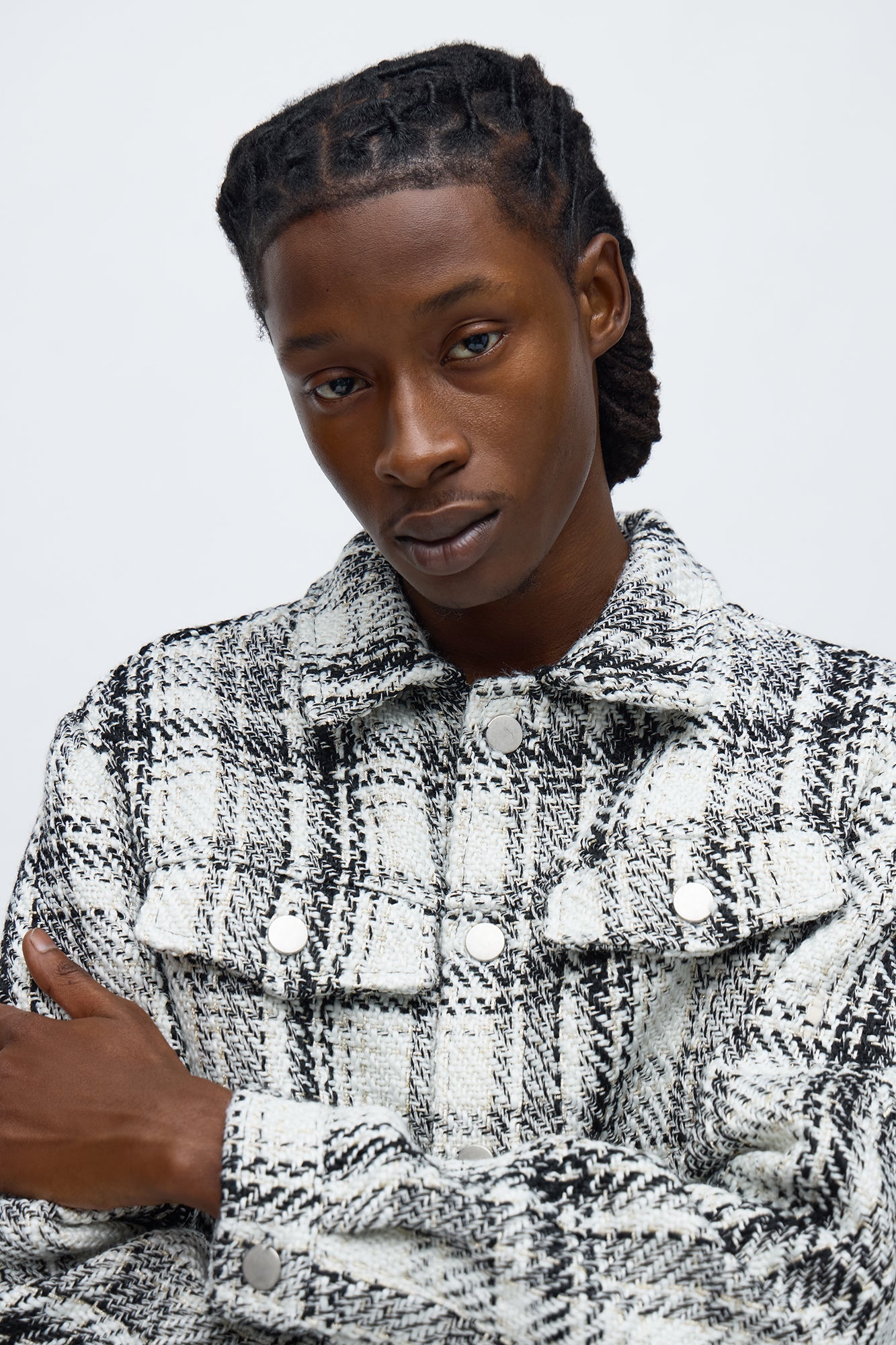 Tweed Plaid Trucker Jacket - Black