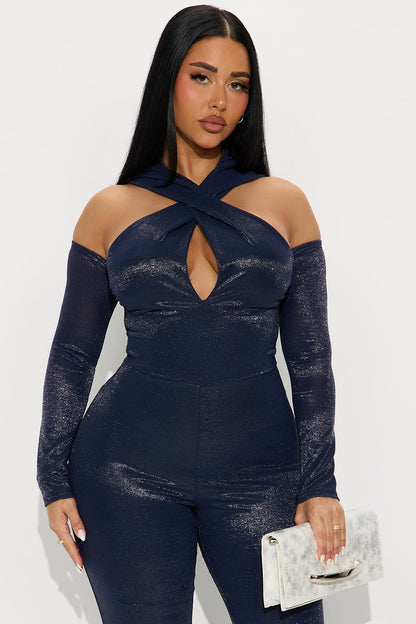 Dark Romance Metallic Hoodie Jumpsuit - Navy