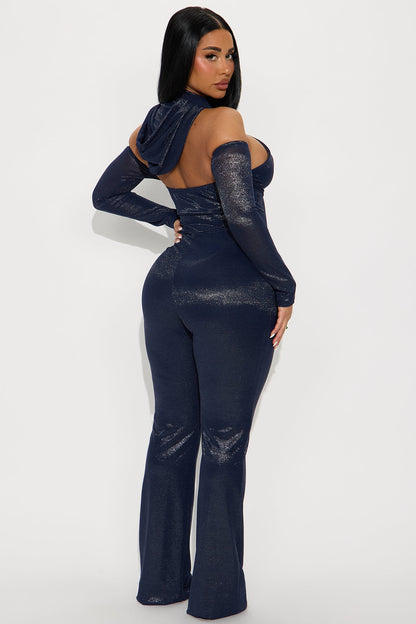 Dark Romance Metallic Hoodie Jumpsuit - Navy