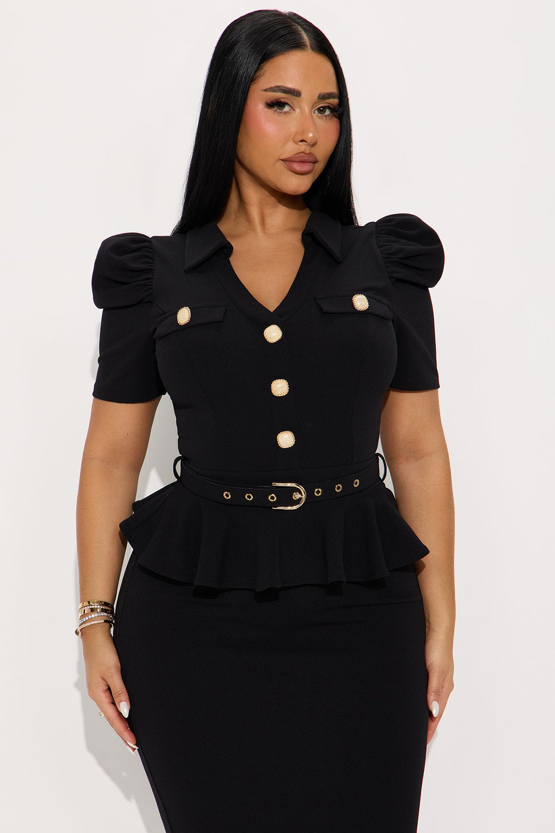 Kathryn Ruffle Sleeve Crepe Knit Midi Dress - Black