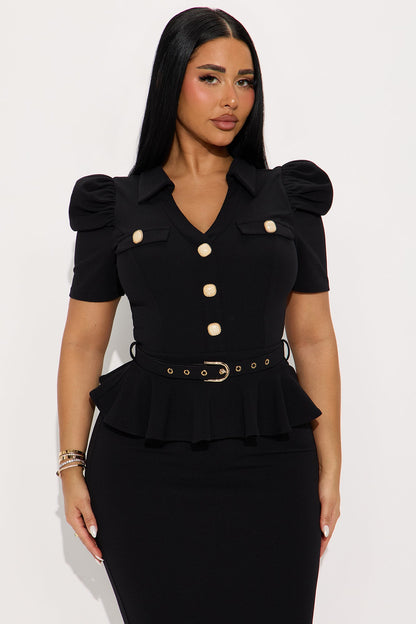 Kathryn Ruffle Sleeve Crepe Knit Midi Dress - Black
