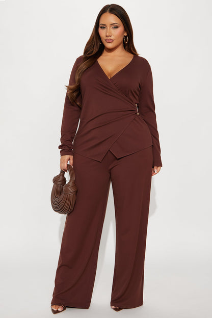 Helena Wrap Top And Wide Leg Pant Set - Brown