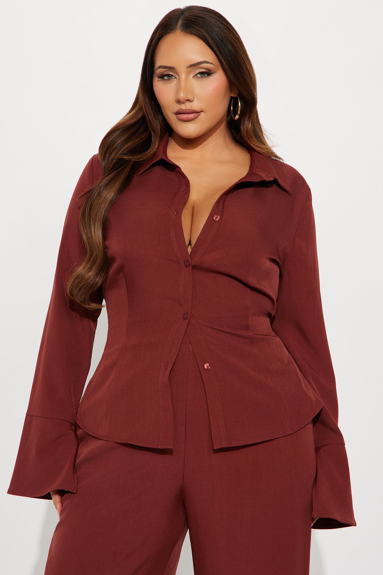 Brexley Button Up Shirt Wide Leg Pant Set - Rust