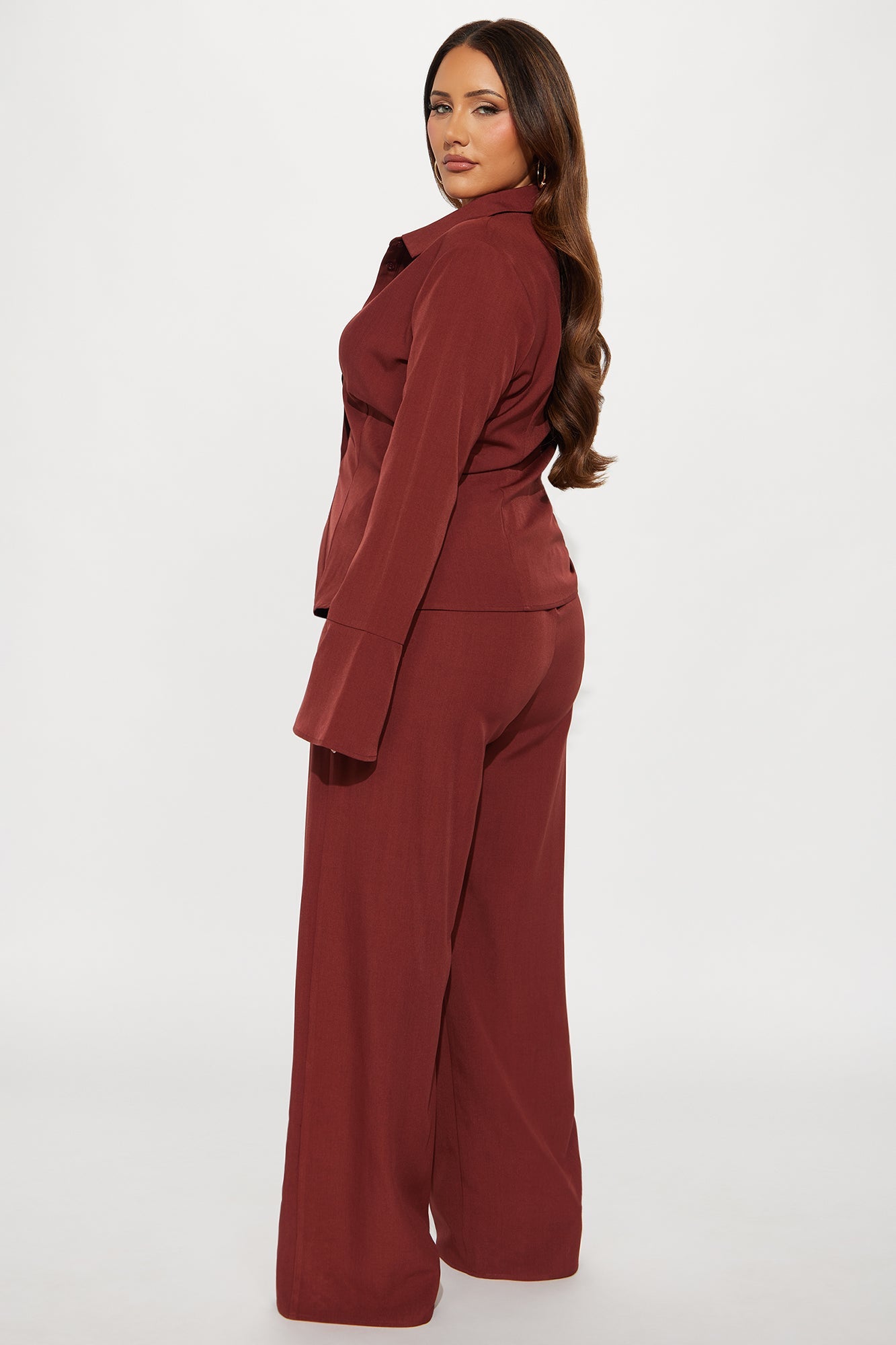 Brexley Button Up Shirt Wide Leg Pant Set - Rust