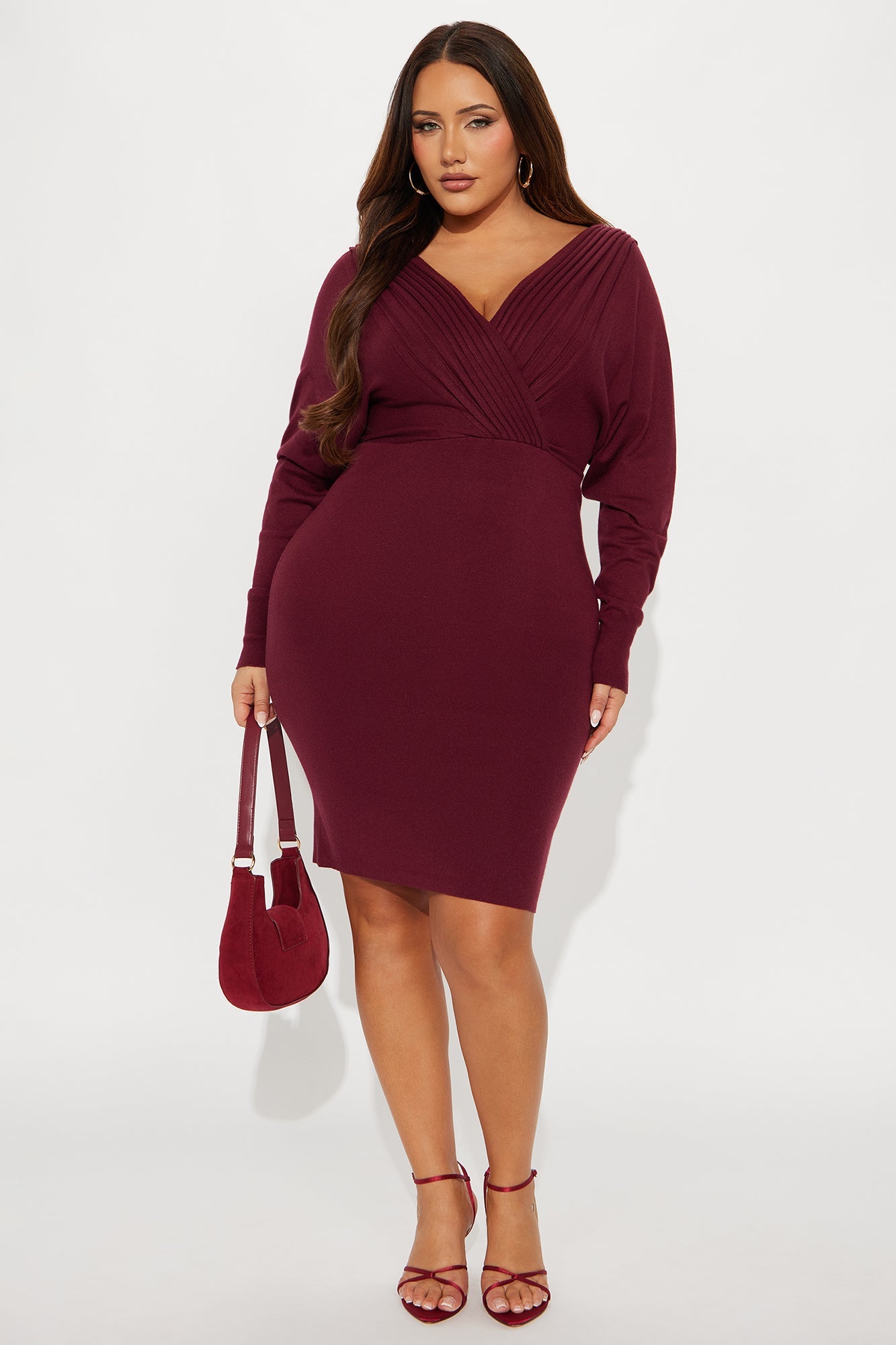 Lisa Long Sleeve Sweater Midi Dress - Wine