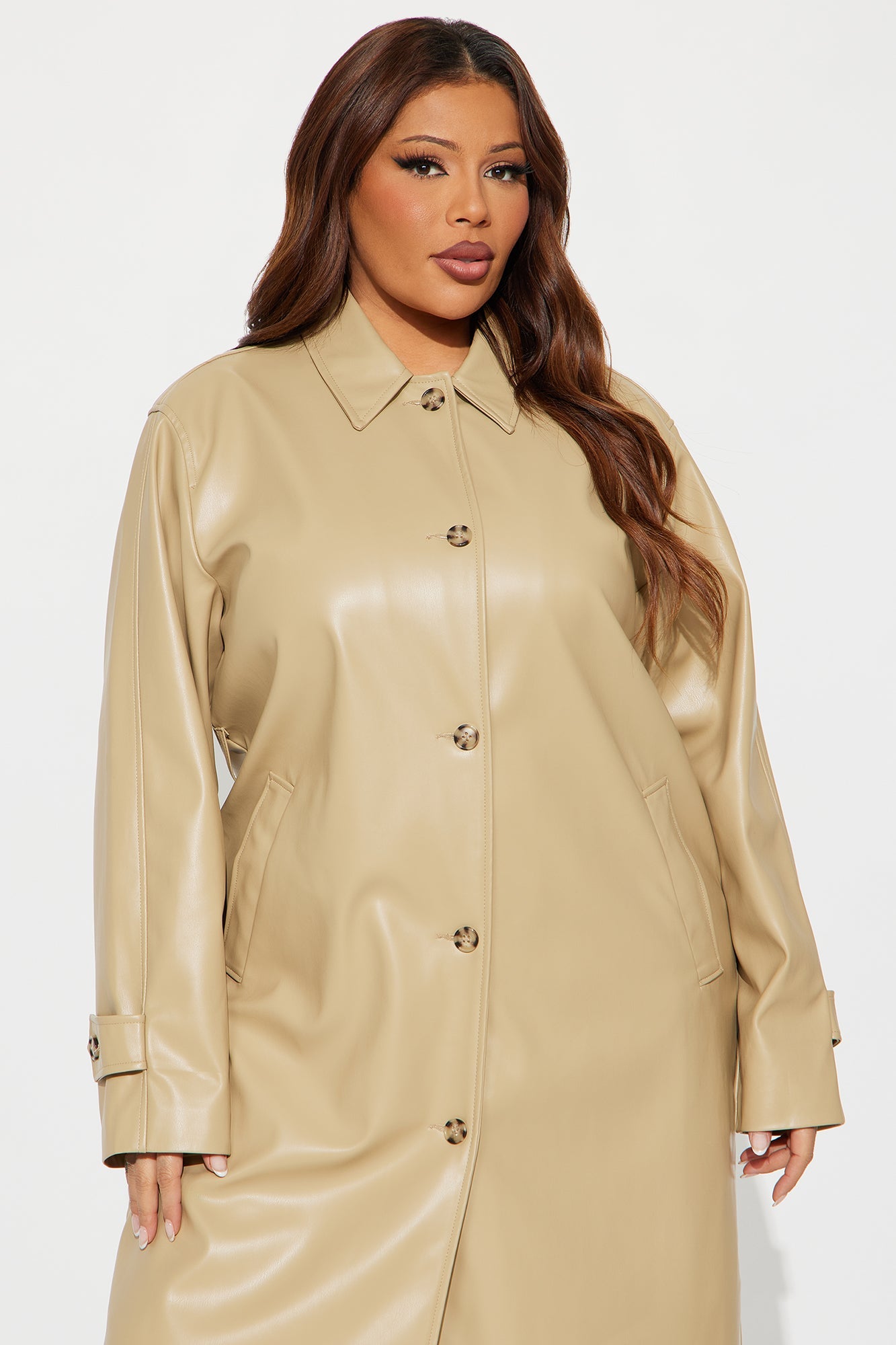 Bree Faux Leather Trench Coat - Khaki