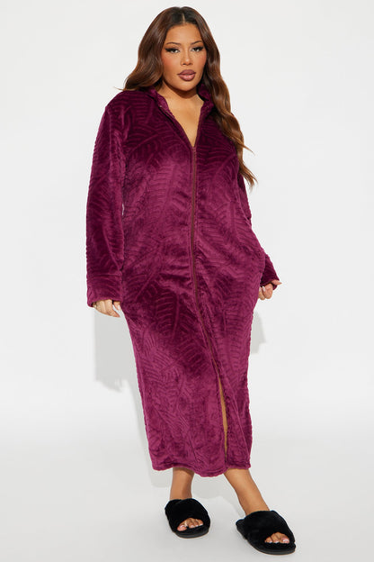 Sleepy Mood Fleece Zip Front Robe - Burgundy