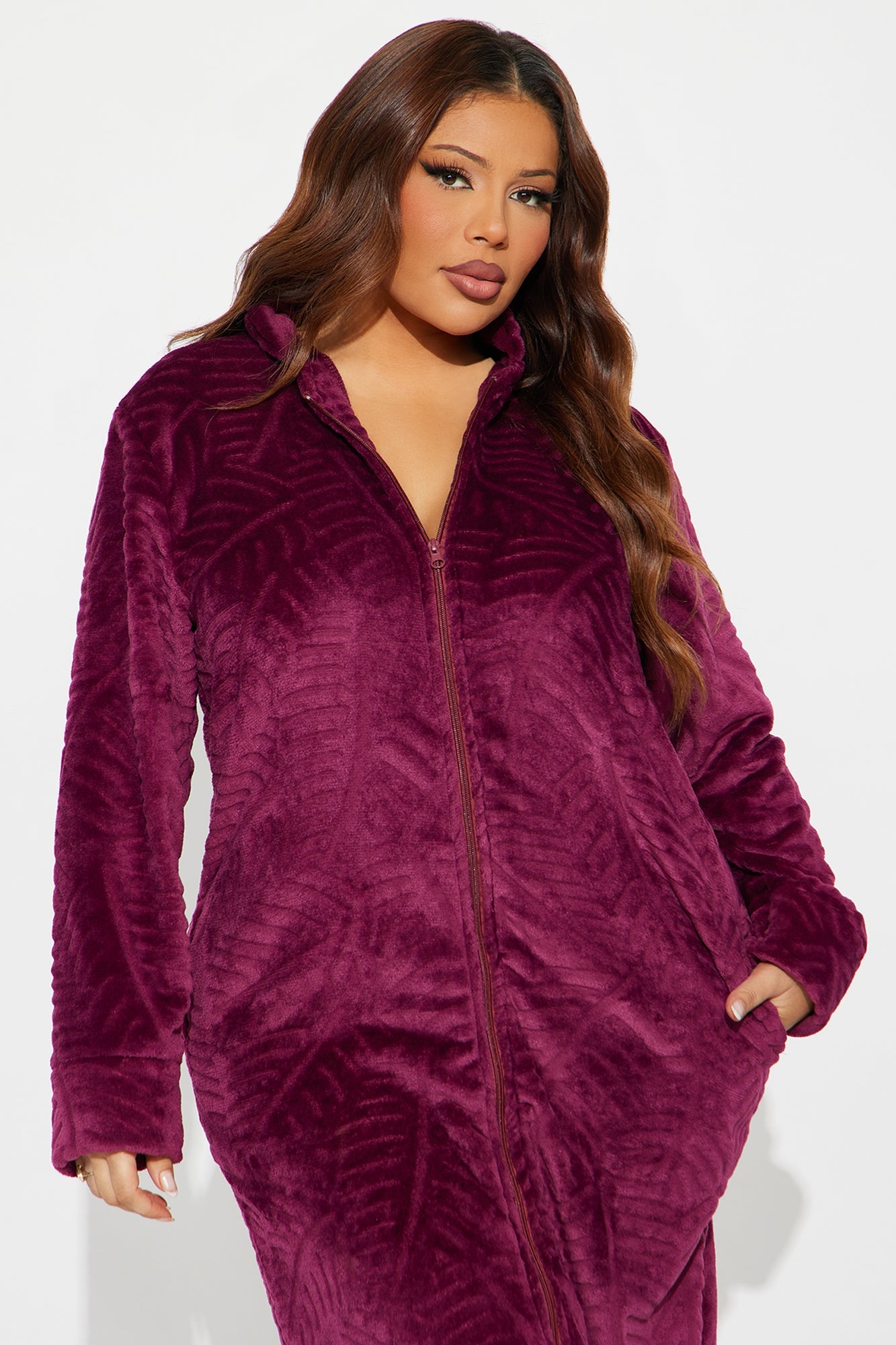 Sleepy Mood Fleece Zip Front Robe - Burgundy