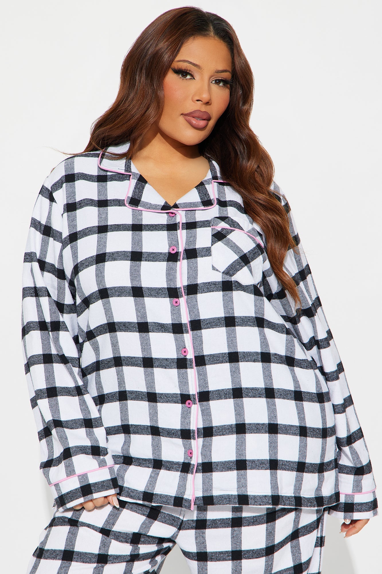 So Chill Flannel Long Sleeve PJ Pant Set - White/Black