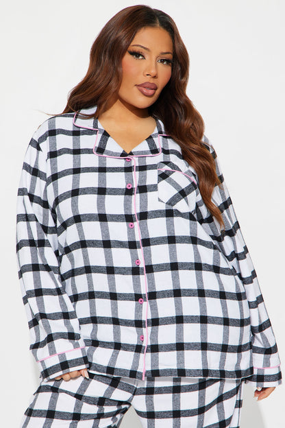 So Chill Flannel Long Sleeve PJ Pant Set - White/Black