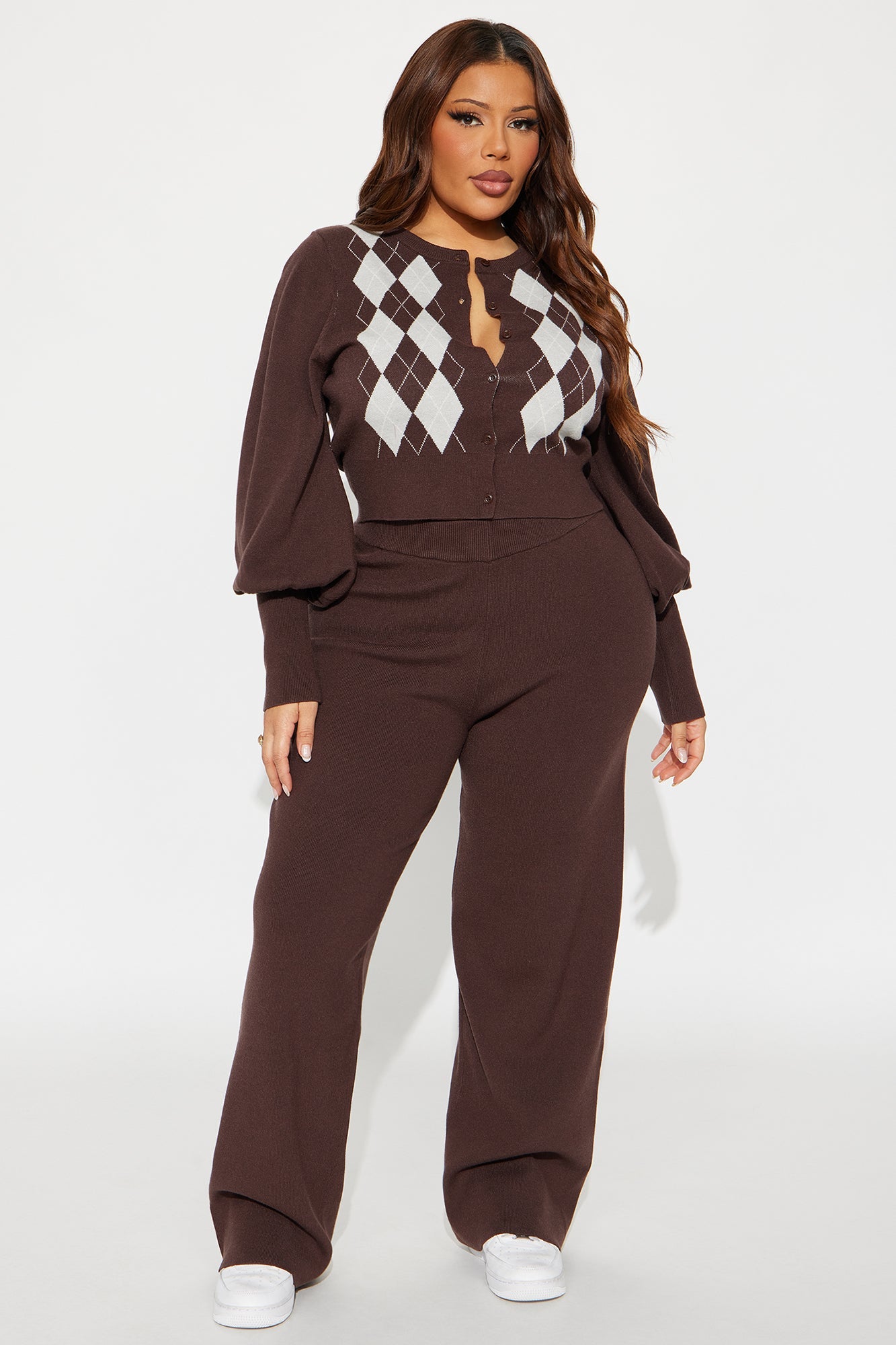 Astrid Argyle Plaid Sweater Pant Set - Brown/combo