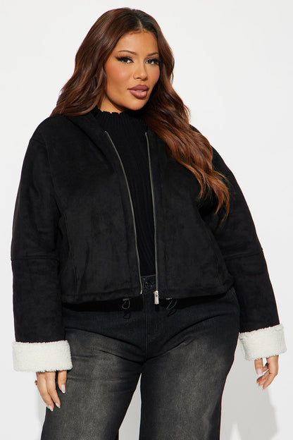 Eskimo Kiss Faux Suede Hooded Coat - Black