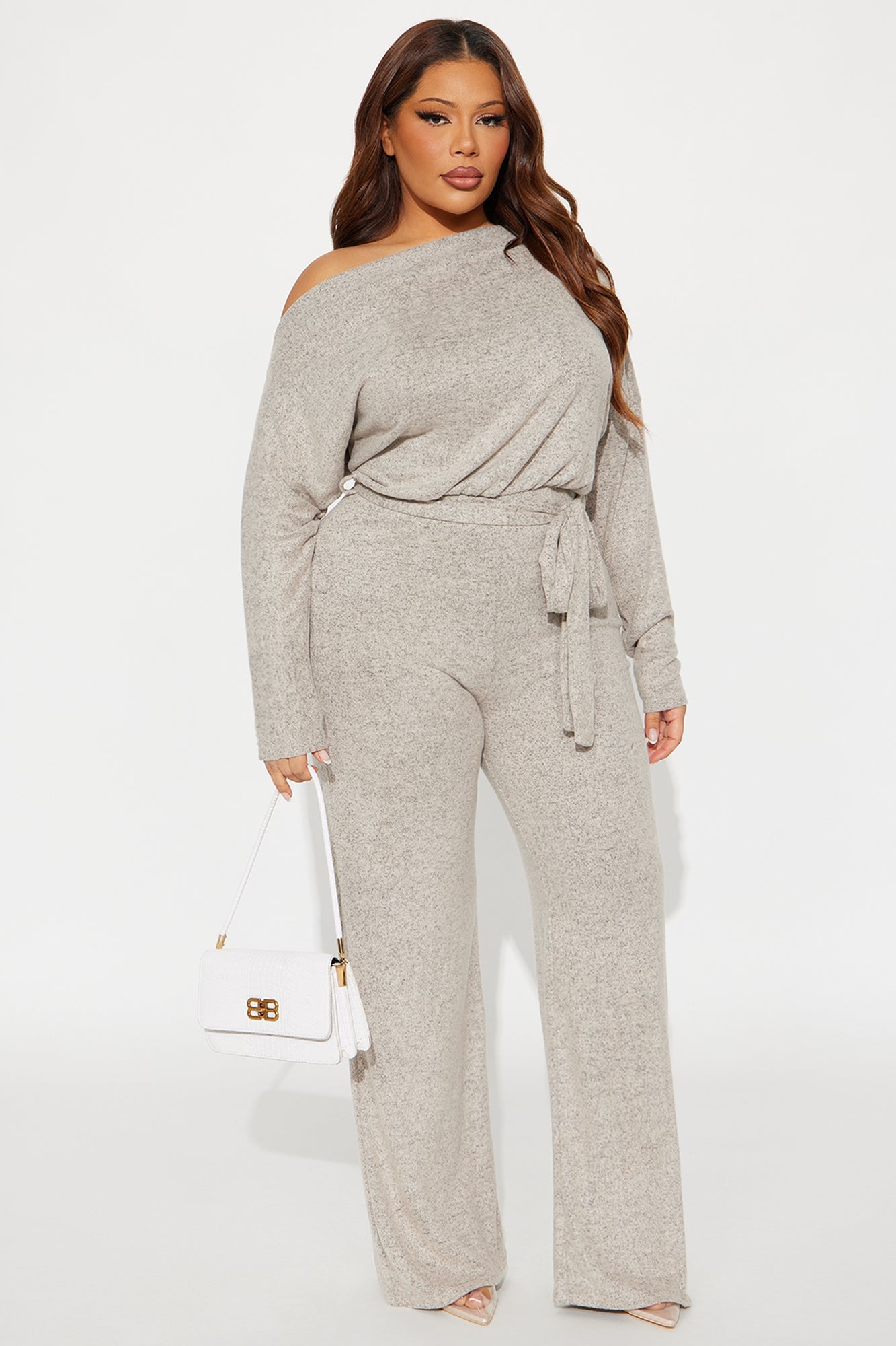 Camila Off Shoulder Tie Waist Jumpsuit - Oatmeal