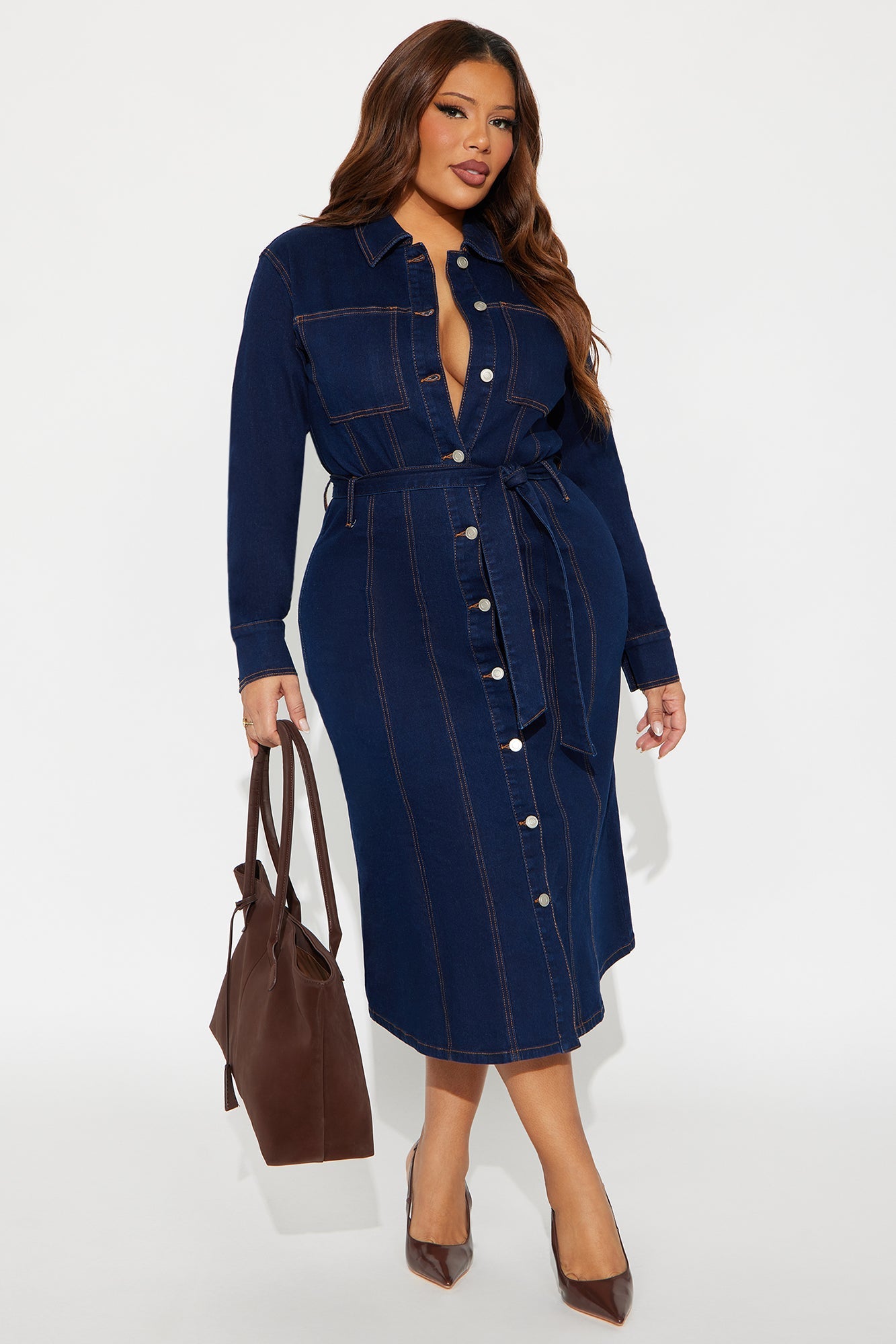 Easy Like Sunday Button Up Denim Midi Dress - Dark Denim