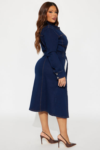 Easy Like Sunday Button Up Denim Midi Dress - Dark Denim